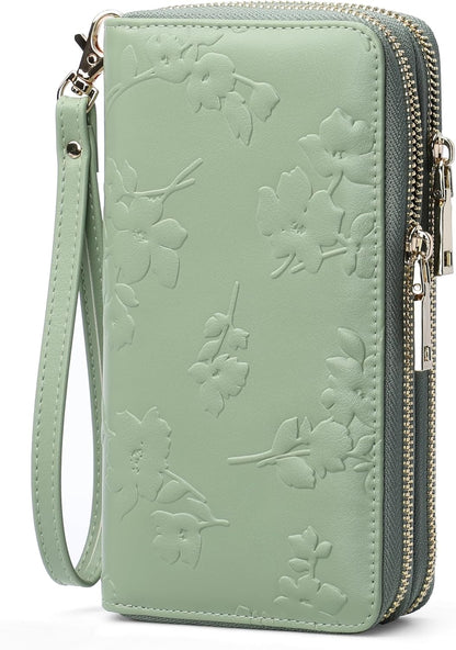 Womens Wallet RFID Blocking Large Capacity Vegan Leather Double Zip Wristlet Wallet Card Holder Travel Ladies Clutch