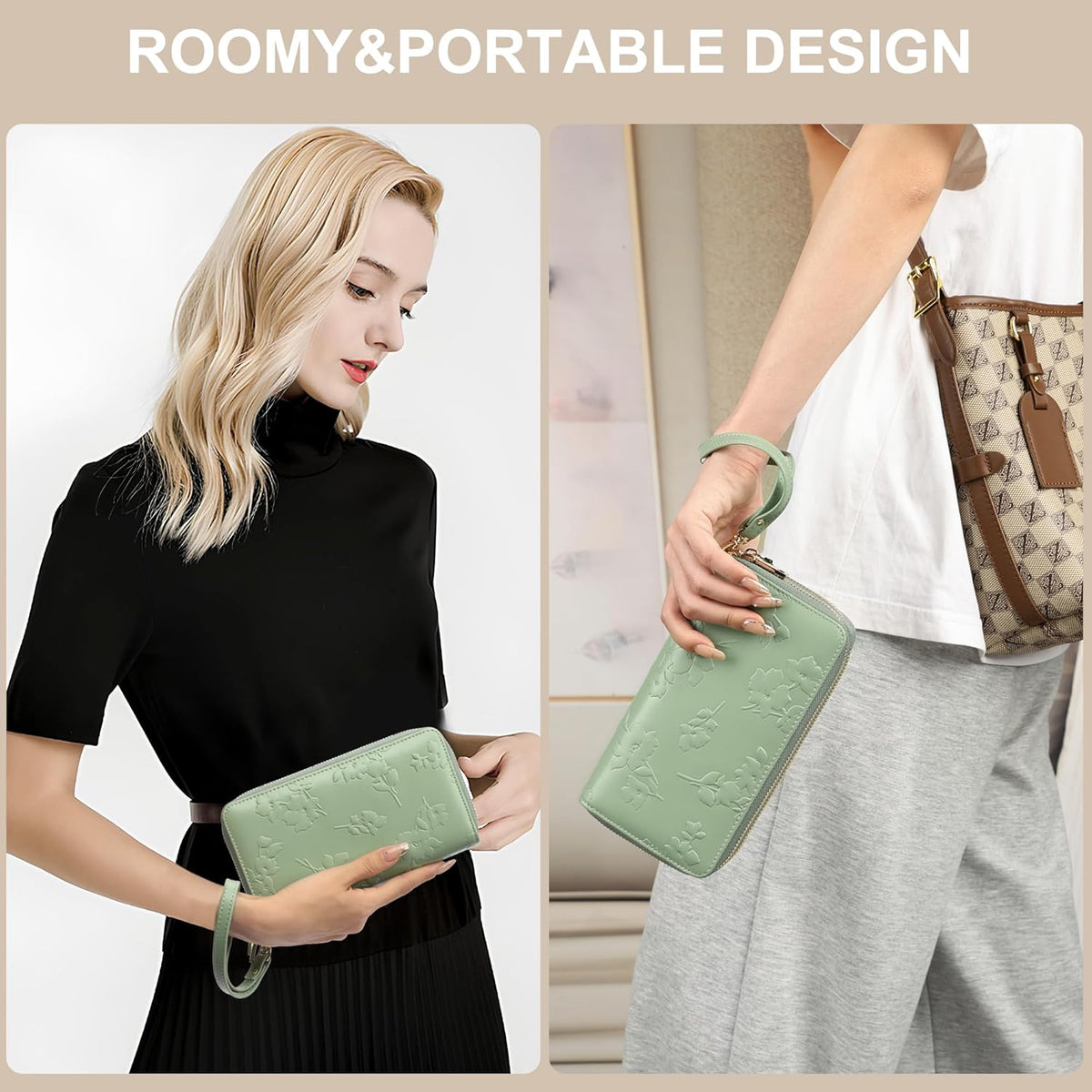 Womens Wallet RFID Blocking Large Capacity Vegan Leather Double Zip Wristlet Wallet Card Holder Travel Ladies Clutch