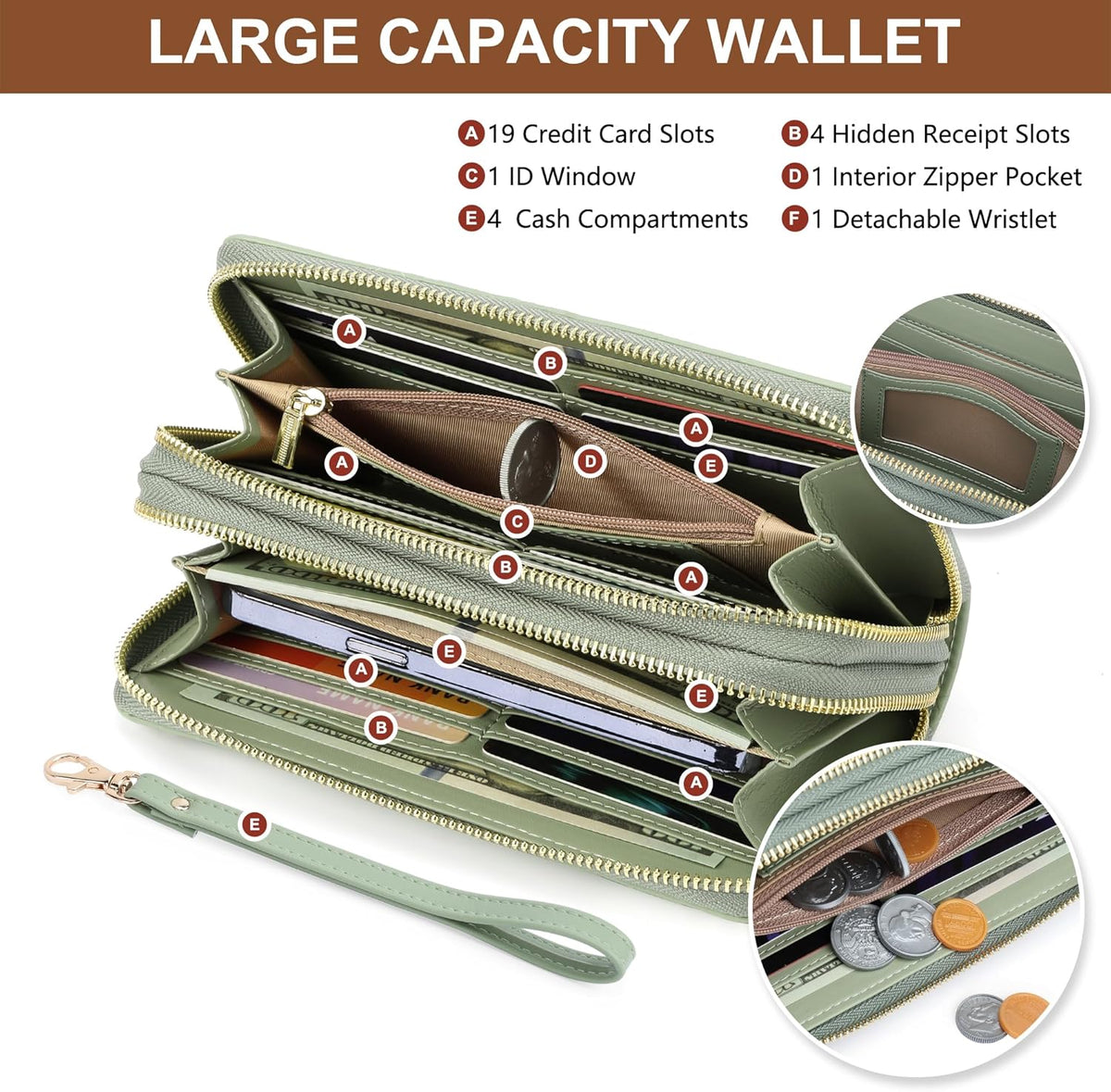 Womens Wallet RFID Blocking Large Capacity Vegan Leather Double Zip Wristlet Wallet Card Holder Travel Ladies Clutch
