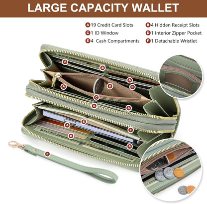 Womens Wallet RFID Blocking Large Capacity Vegan Leather Double Zip Wristlet Wallet Card Holder Travel Ladies Clutch