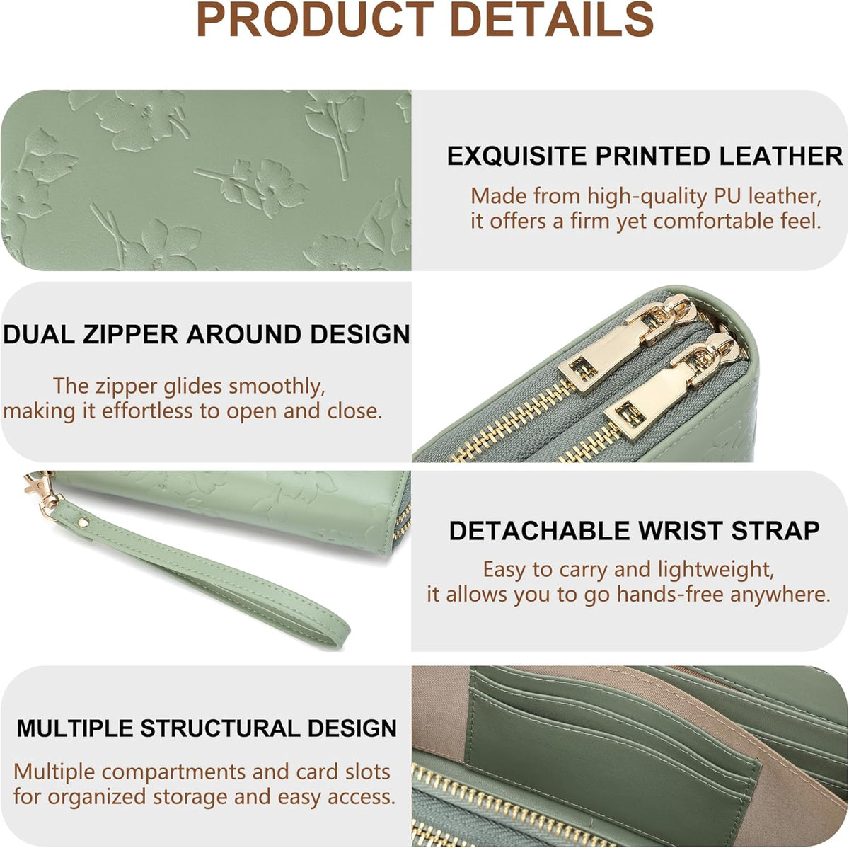 Womens Wallet RFID Blocking Large Capacity Vegan Leather Double Zip Wristlet Wallet Card Holder Travel Ladies Clutch