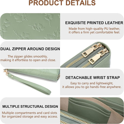 Womens Wallet RFID Blocking Large Capacity Vegan Leather Double Zip Wristlet Wallet Card Holder Travel Ladies Clutch