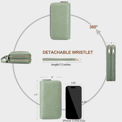 Womens Wallet RFID Blocking Large Capacity Vegan Leather Double Zip Wristlet Wallet Card Holder Travel Ladies Clutch