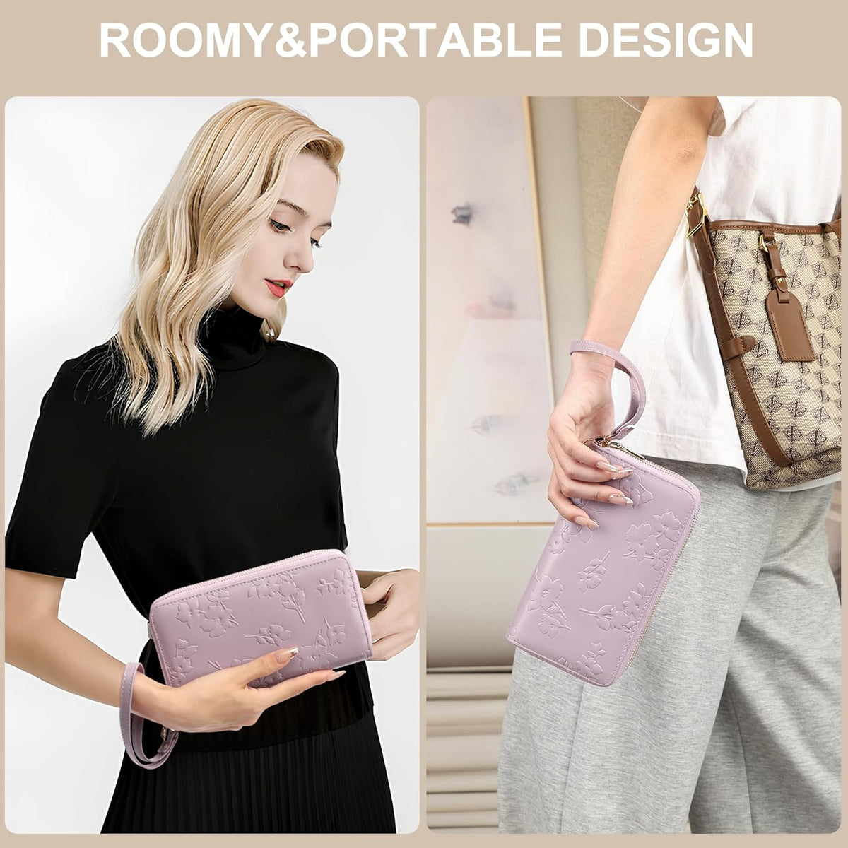 Womens Wallet RFID Blocking Large Capacity Vegan Leather Double Zip Wristlet Wallet Card Holder Travel Ladies Clutch