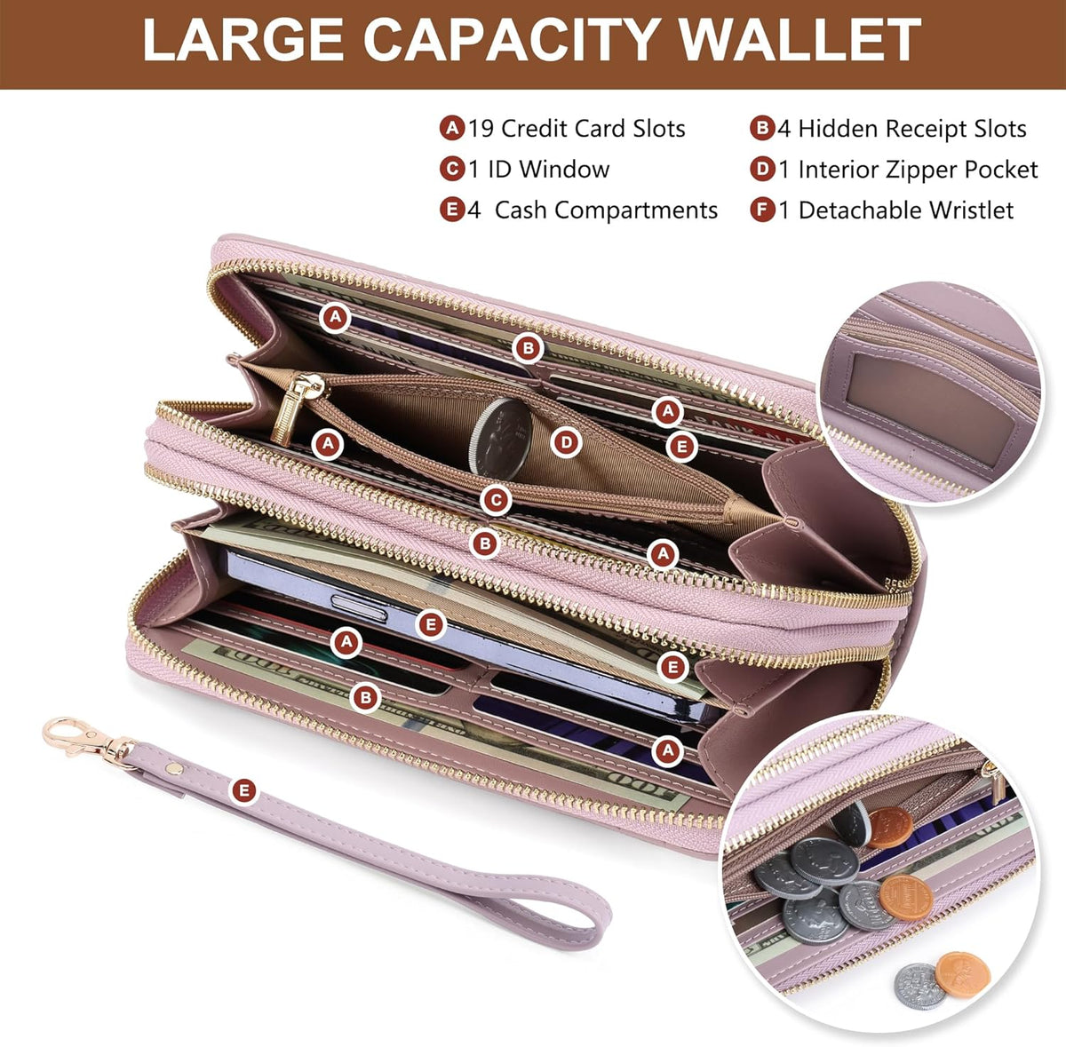 Womens Wallet RFID Blocking Large Capacity Vegan Leather Double Zip Wristlet Wallet Card Holder Travel Ladies Clutch