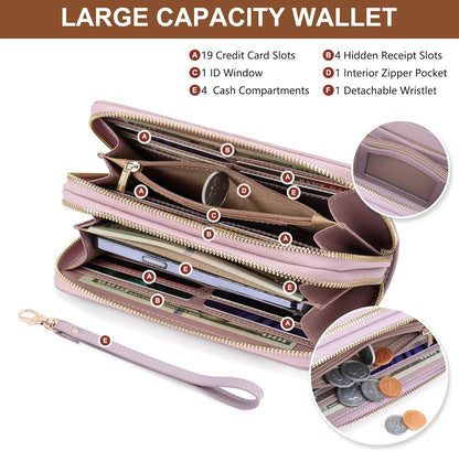 Womens Wallet RFID Blocking Large Capacity Vegan Leather Double Zip Wristlet Wallet Card Holder Travel Ladies Clutch