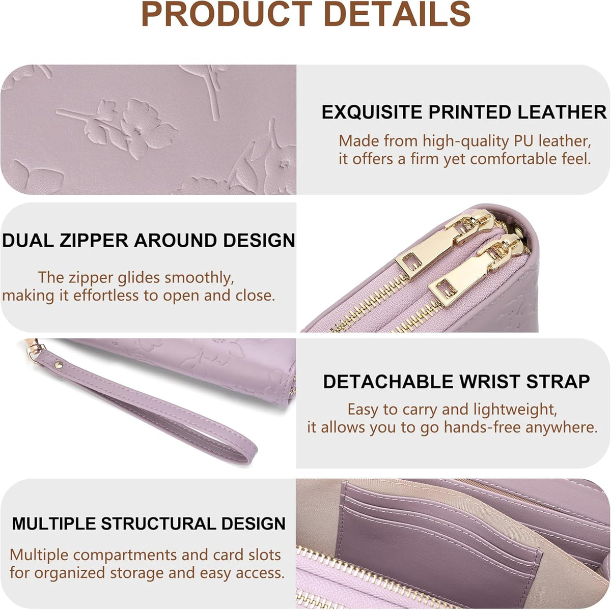 Womens Wallet RFID Blocking Large Capacity Vegan Leather Double Zip Wristlet Wallet Card Holder Travel Ladies Clutch
