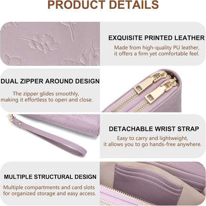 Womens Wallet RFID Blocking Large Capacity Vegan Leather Double Zip Wristlet Wallet Card Holder Travel Ladies Clutch