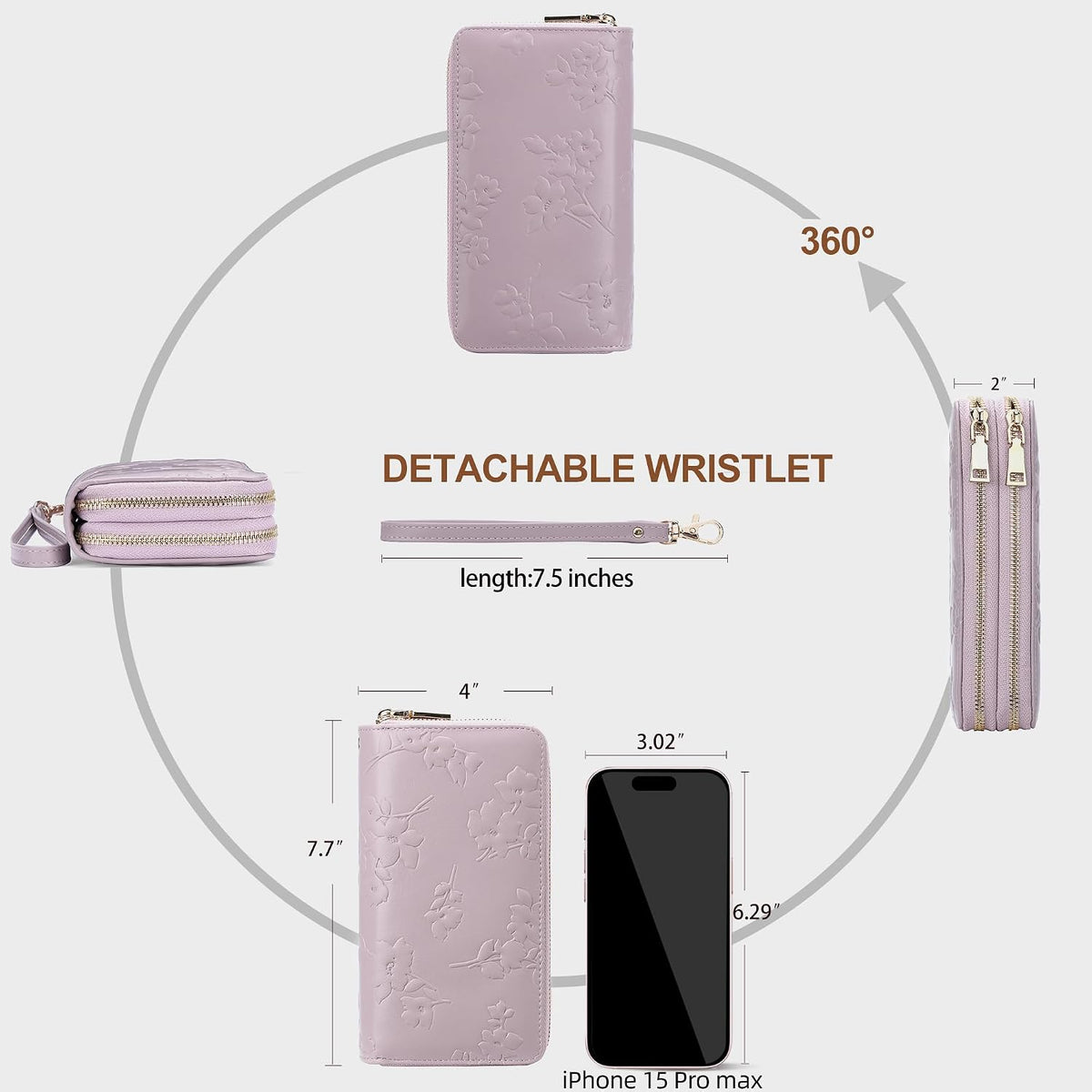 Womens Wallet RFID Blocking Large Capacity Vegan Leather Double Zip Wristlet Wallet Card Holder Travel Ladies Clutch