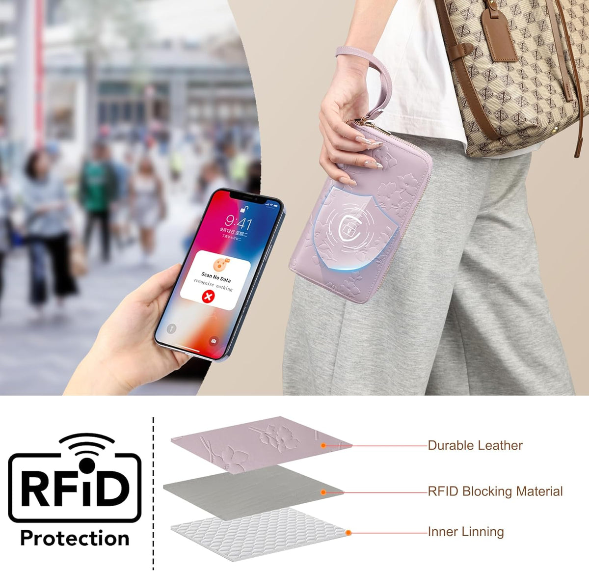 Womens Wallet RFID Blocking Large Capacity Vegan Leather Double Zip Wristlet Wallet Card Holder Travel Ladies Clutch