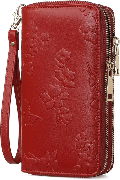 Womens Wallet RFID Blocking Large Capacity Vegan Leather Double Zip Wristlet Wallet Card Holder Travel Ladies Clutch