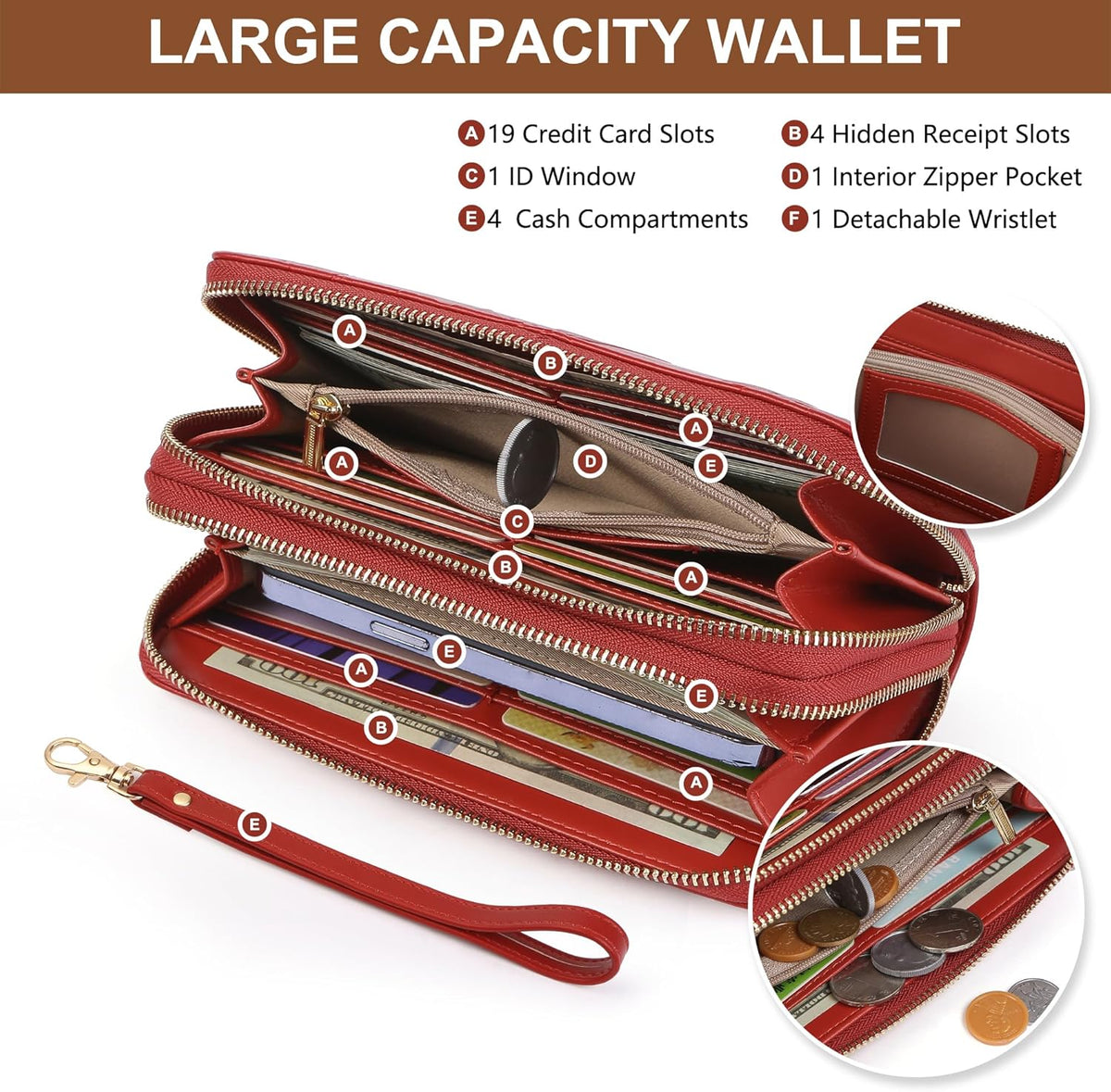 Womens Wallet RFID Blocking Large Capacity Vegan Leather Double Zip Wristlet Wallet Card Holder Travel Ladies Clutch