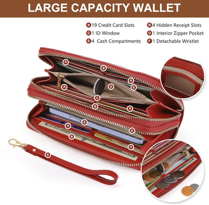 Womens Wallet RFID Blocking Large Capacity Vegan Leather Double Zip Wristlet Wallet Card Holder Travel Ladies Clutch