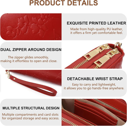 Womens Wallet RFID Blocking Large Capacity Vegan Leather Double Zip Wristlet Wallet Card Holder Travel Ladies Clutch