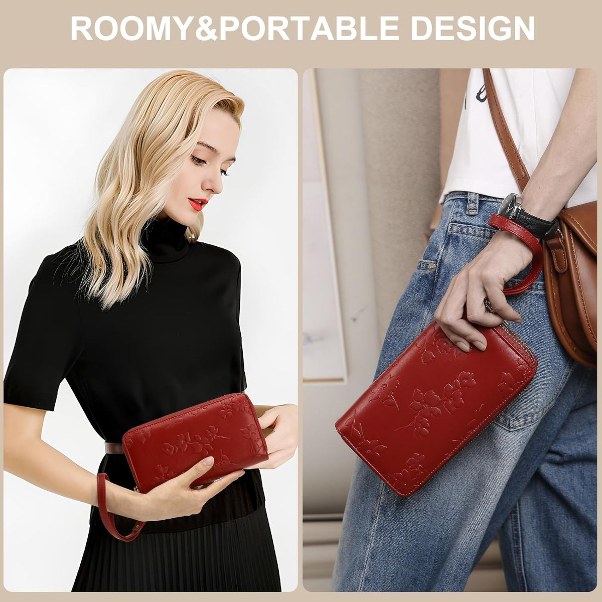 Womens Wallet RFID Blocking Large Capacity Vegan Leather Double Zip Wristlet Wallet Card Holder Travel Ladies Clutch
