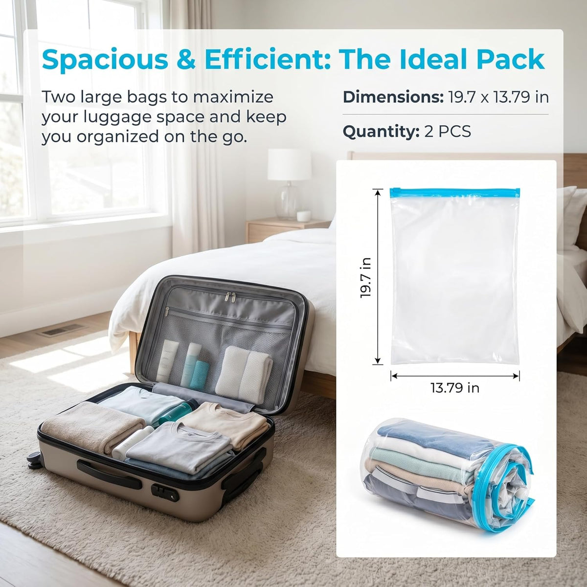 2pcs Hand-Roll Travel Compression Bags-No Pump or Vacuum Needed, Transparent Storage Bags Closure, Upgraded Frosted Texture, Ideal for Towels, Socks,Cosmetics,Underwear,Suitable for Carry-On Luggage