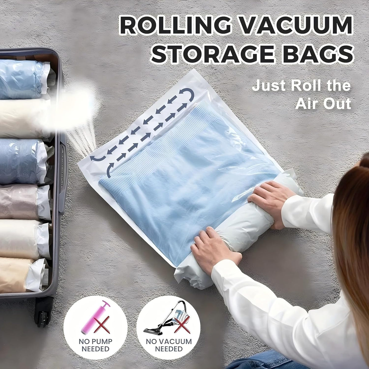2pcs Hand-Roll Travel Compression Bags-No Pump or Vacuum Needed, Transparent Storage Bags Closure, Upgraded Frosted Texture, Ideal for Towels, Socks,Cosmetics,Underwear,Suitable for Carry-On Luggage