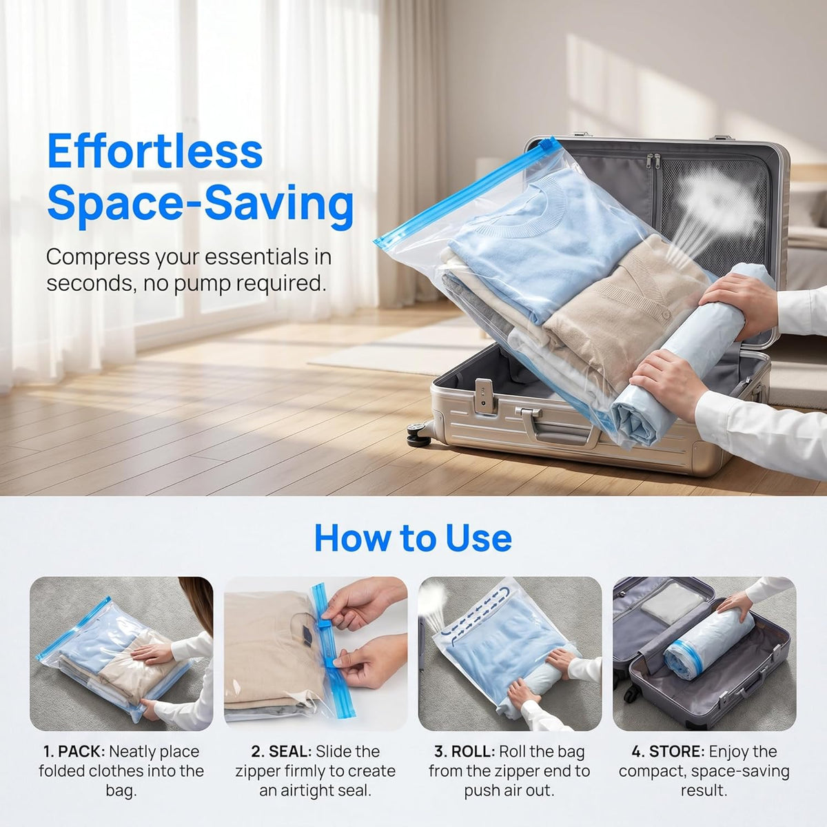 2pcs Hand-Roll Travel Compression Bags-No Pump or Vacuum Needed, Transparent Storage Bags Closure, Upgraded Frosted Texture, Ideal for Towels, Socks,Cosmetics,Underwear,Suitable for Carry-On Luggage