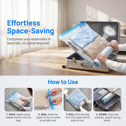 2pcs Hand-Roll Travel Compression Bags-No Pump or Vacuum Needed, Transparent Storage Bags Closure, Upgraded Frosted Texture, Ideal for Towels, Socks,Cosmetics,Underwear,Suitable for Carry-On Luggage