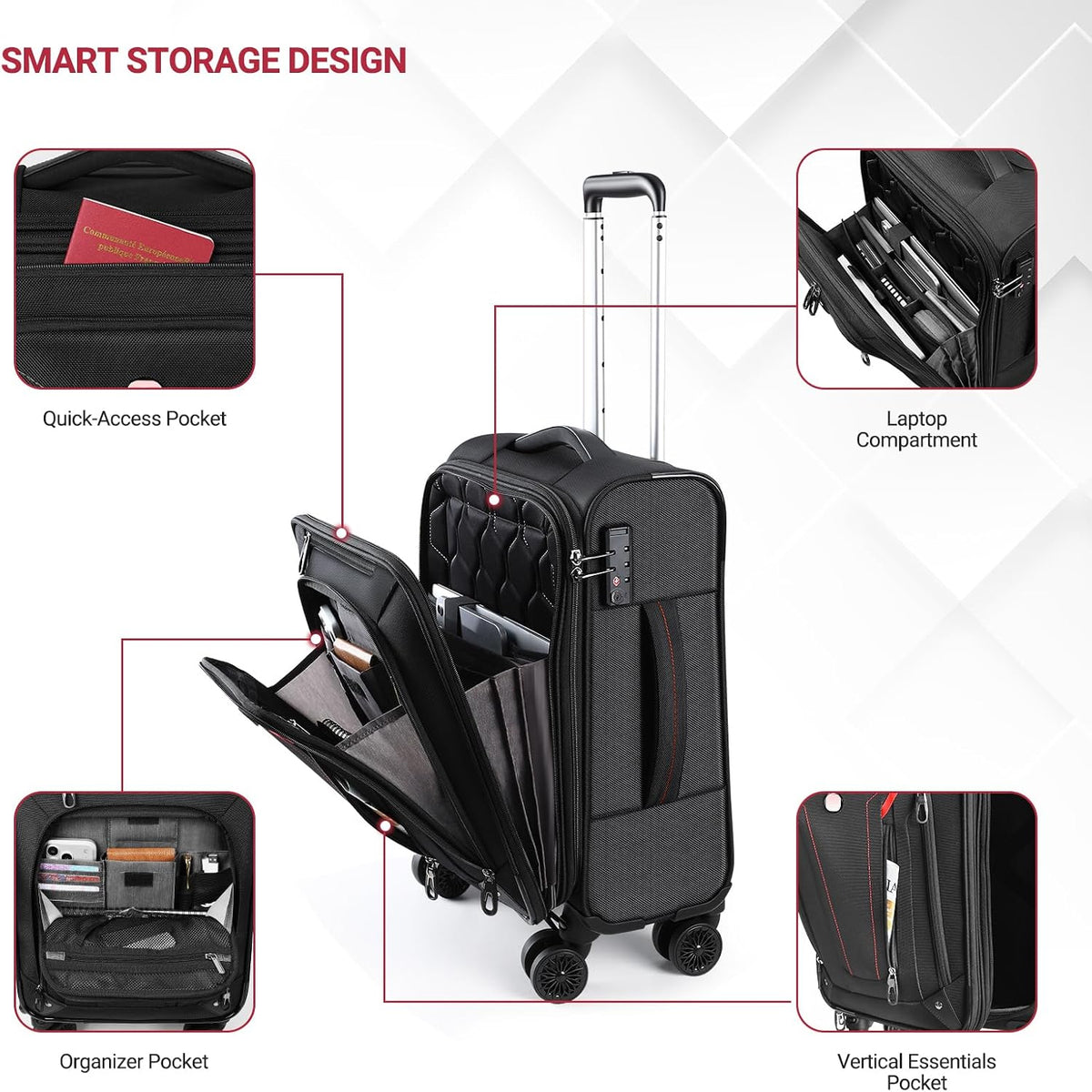 Carry On Luggage 22x14x9 Airline Approved, 22 Inch Rigid Frame Suitcases with Detachable Spinner Wheels, Softside Carry On Suitcase with USB & Type-C Ports,TSA Lock,Large Travel Luggage
