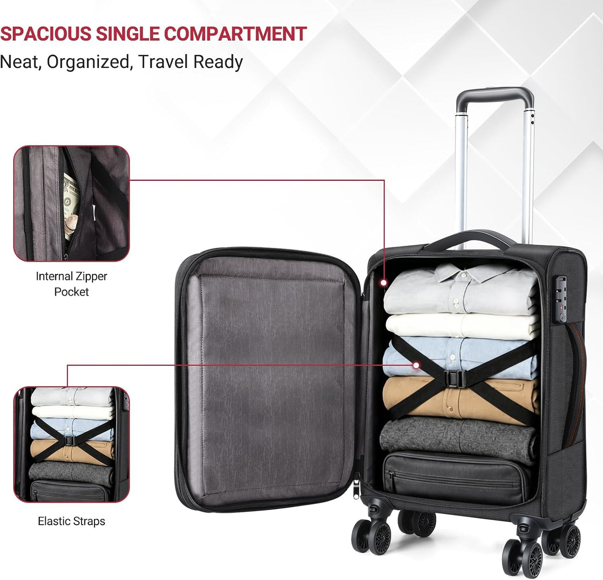 Carry On Luggage 22x14x9 Airline Approved, 22 Inch Rigid Frame Suitcases with Detachable Spinner Wheels, Softside Carry On Suitcase with USB & Type-C Ports,TSA Lock,Large Travel Luggage