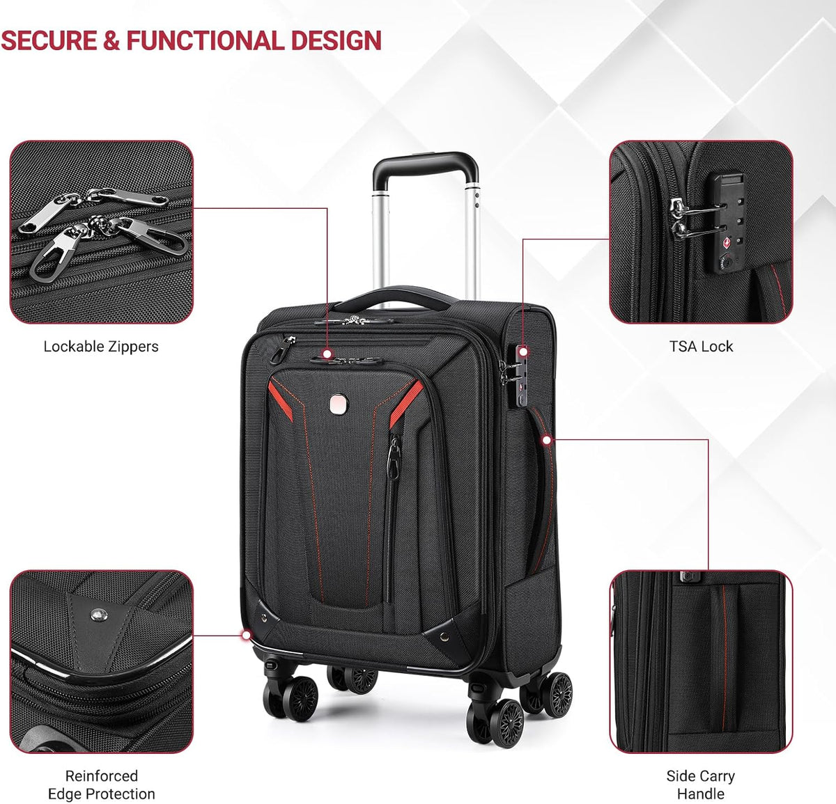 Carry On Luggage 22x14x9 Airline Approved, 22 Inch Rigid Frame Suitcases with Detachable Spinner Wheels, Softside Carry On Suitcase with USB & Type-C Ports,TSA Lock,Large Travel Luggage
