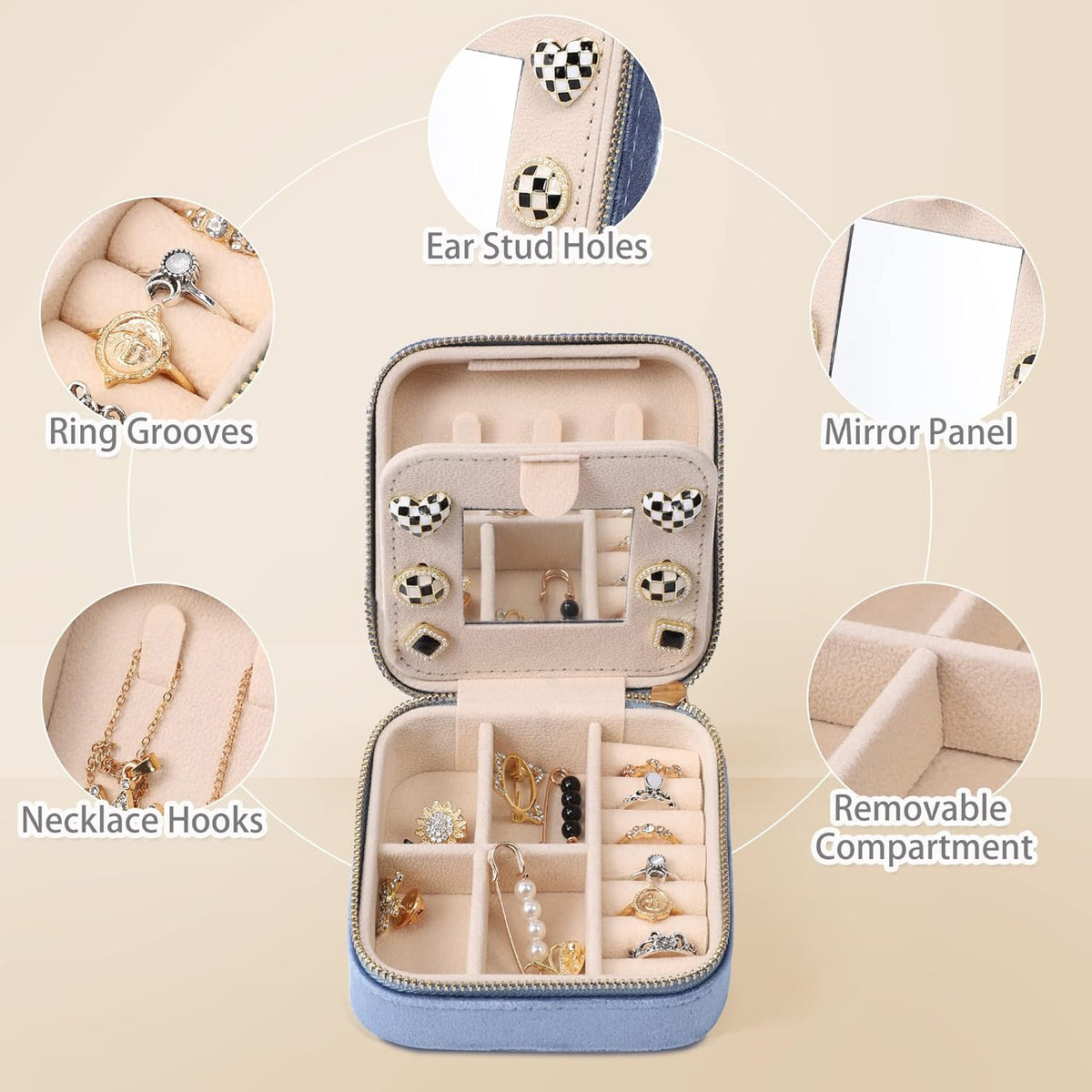 Velvet Travel Jewelry Box, Mini Travel Jewelry Case, Small Portable Travel Jewelry Organizer for Women Girls (Green)