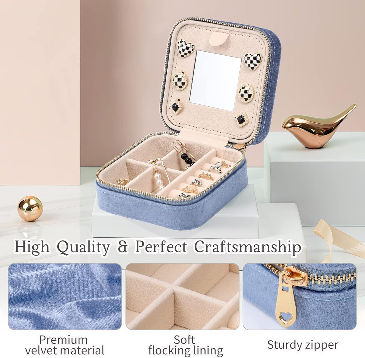 Velvet Travel Jewelry Box, Mini Travel Jewelry Case, Small Portable Travel Jewelry Organizer for Women Girls (Green)