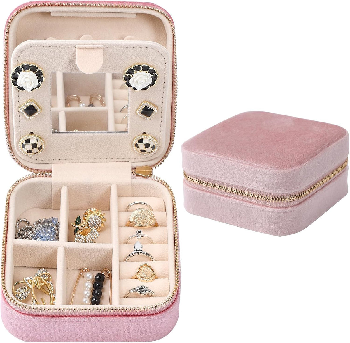 Velvet Travel Jewelry Box, Mini Travel Jewelry Case, Small Portable Travel Jewelry Organizer for Women Girls (Green)