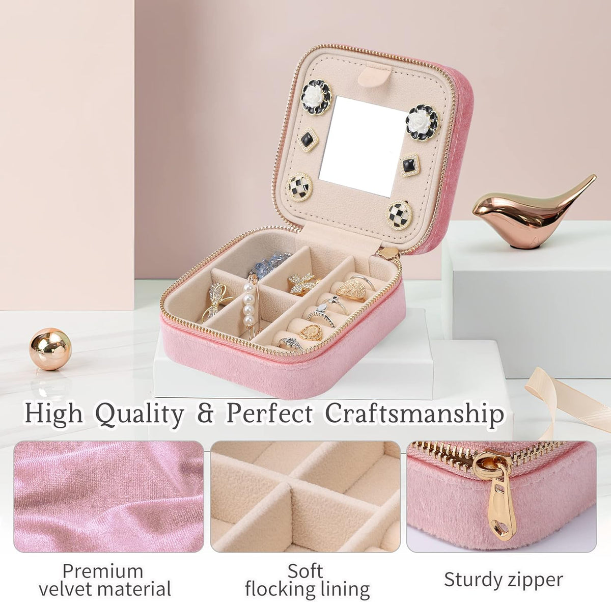 Velvet Travel Jewelry Box, Mini Travel Jewelry Case, Small Portable Travel Jewelry Organizer for Women Girls (Green)