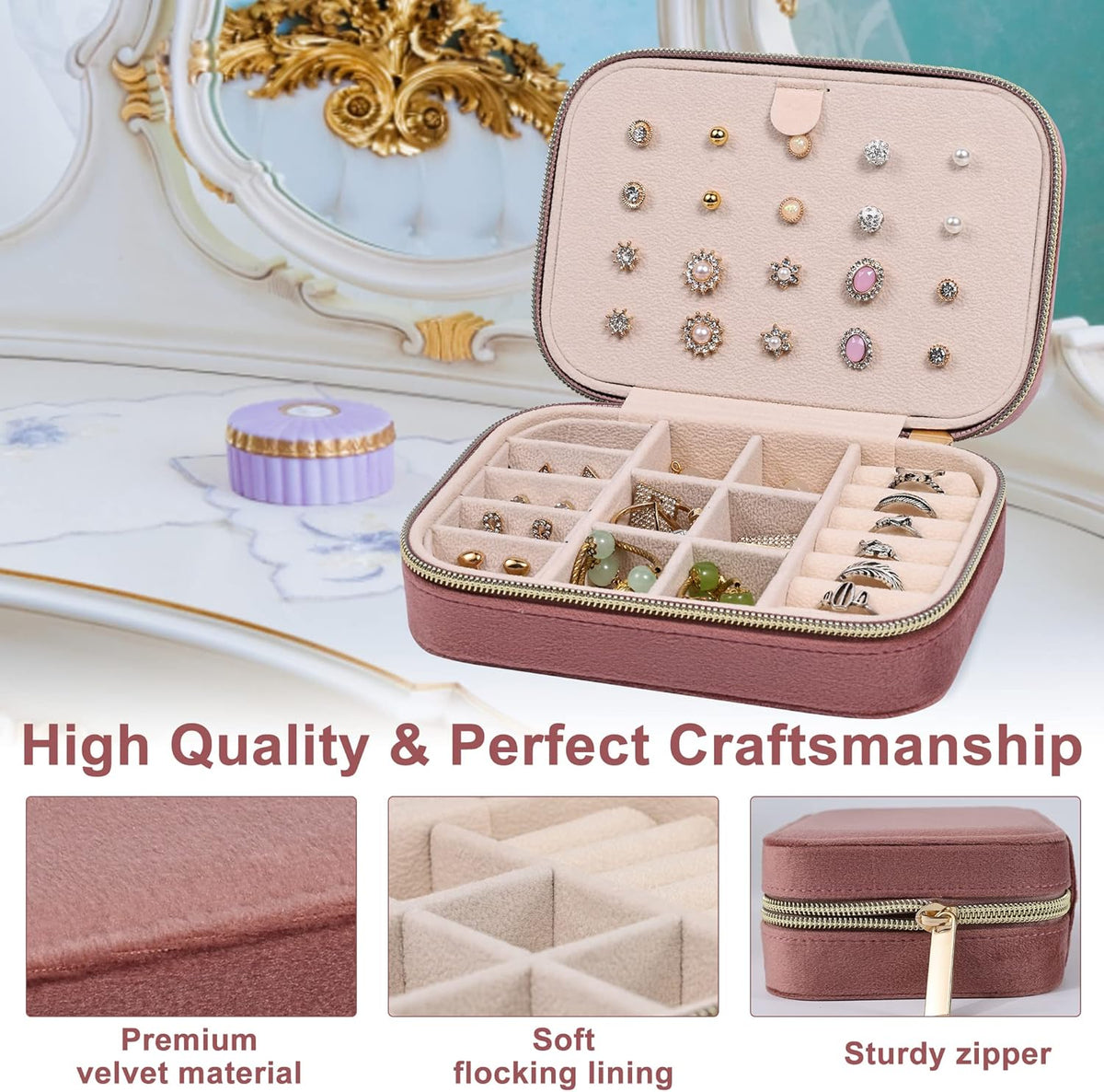 Velvet Travel Jewelry Box, Mini Travel Jewelry Case, Small Portable Travel Jewelry Organizer for Women Girls (Green)