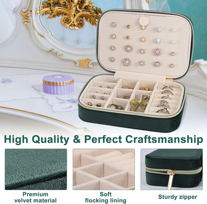 Velvet Travel Jewelry Box, Mini Travel Jewelry Case, Small Portable Travel Jewelry Organizer for Women Girls (Green)