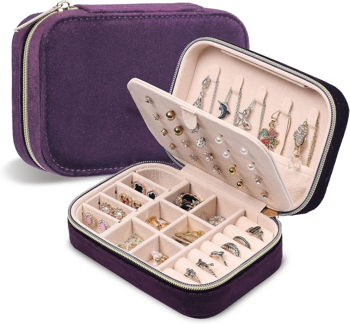 Velvet Travel Jewelry Box, Mini Travel Jewelry Case, Small Portable Travel Jewelry Organizer for Women Girls (Green)