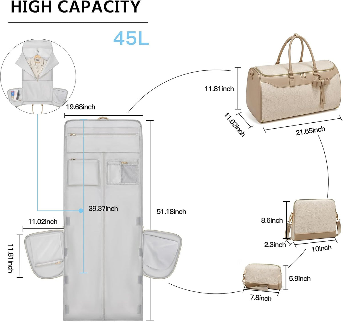 Garment Bags for Travel,45L Carry on Convertible Garment Duffle bag for Men Women - 3 in 1 Hanging Suit Travel Bag with Shoulder Strap