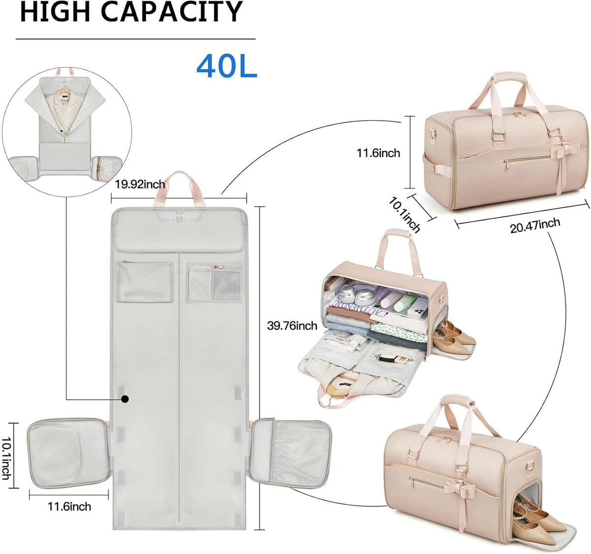 Garment Bags for Travel,45L Carry on Convertible Garment Duffle bag for Men Women - 3 in 1 Hanging Suit Travel Bag with Shoulder Strap