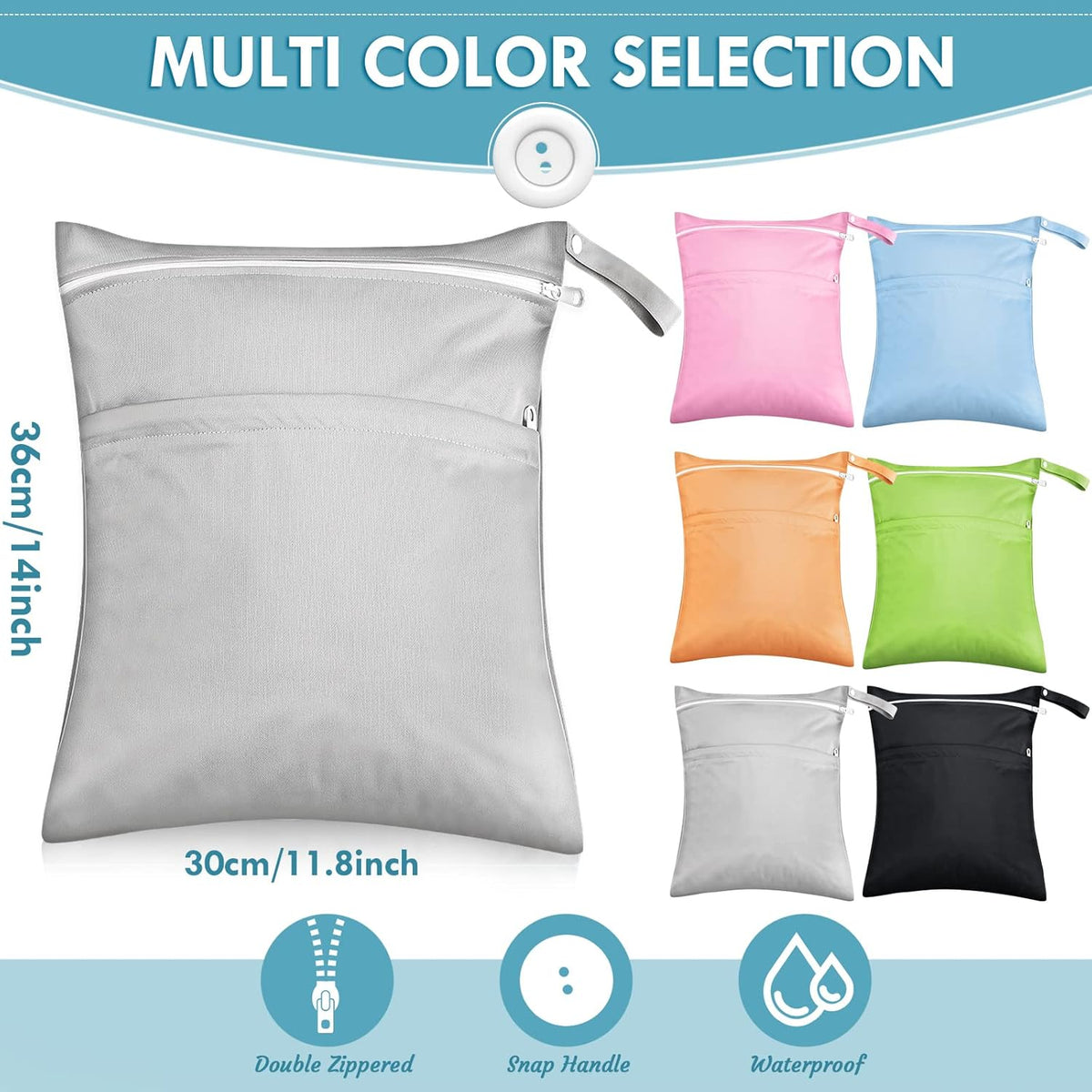 6 Pack Wet Dry Bags, Waterproof Reusable Cloth Diaper Storage Pouches with Double Zipper Compartments for Swimsuits, Gym, Travel, Beach, Pool, Daycare & Wet Clothes