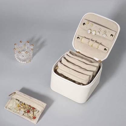 Small Jewelry Box, Travel Small Jewelry Organizer with Earring Tray and Ring Holder,Square Travel Jewelry Storage Case with 6 Velvet Jewelry Pouches, Pink