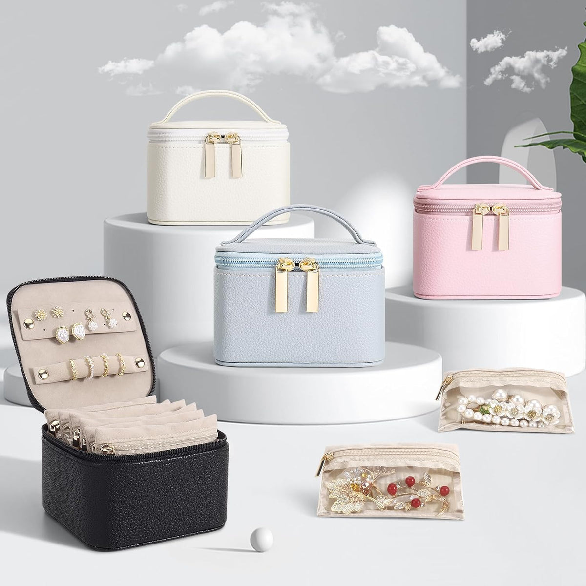 Small Jewelry Box, Travel Small Jewelry Organizer with Earring Tray and Ring Holder,Square Travel Jewelry Storage Case with 6 Velvet Jewelry Pouches, Pink