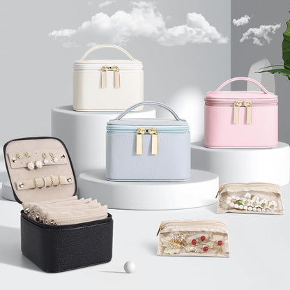 Small Jewelry Box, Travel Small Jewelry Organizer with Earring Tray and Ring Holder,Square Travel Jewelry Storage Case with 6 Velvet Jewelry Pouches, Pink