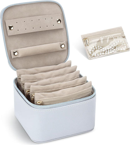Small Jewelry Box, Travel Small Jewelry Organizer with Earring Tray and Ring Holder,Square Travel Jewelry Storage Case with 6 Velvet Jewelry Pouches, Pink