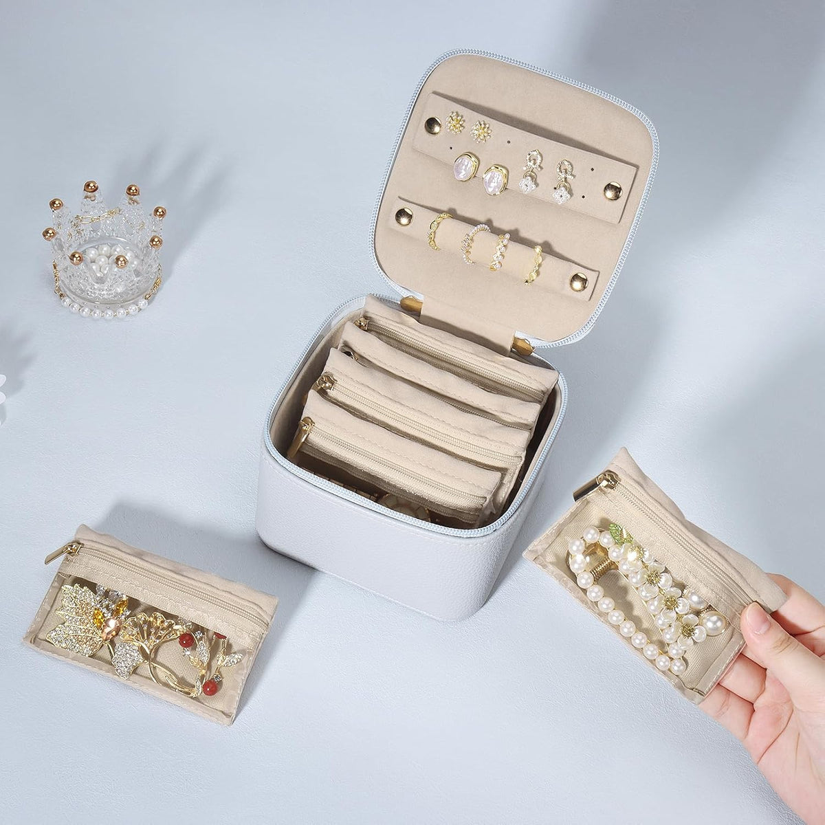 Small Jewelry Box, Travel Small Jewelry Organizer with Earring Tray and Ring Holder,Square Travel Jewelry Storage Case with 6 Velvet Jewelry Pouches, Pink