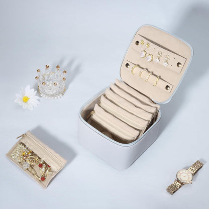 Small Jewelry Box, Travel Small Jewelry Organizer with Earring Tray and Ring Holder,Square Travel Jewelry Storage Case with 6 Velvet Jewelry Pouches, Pink