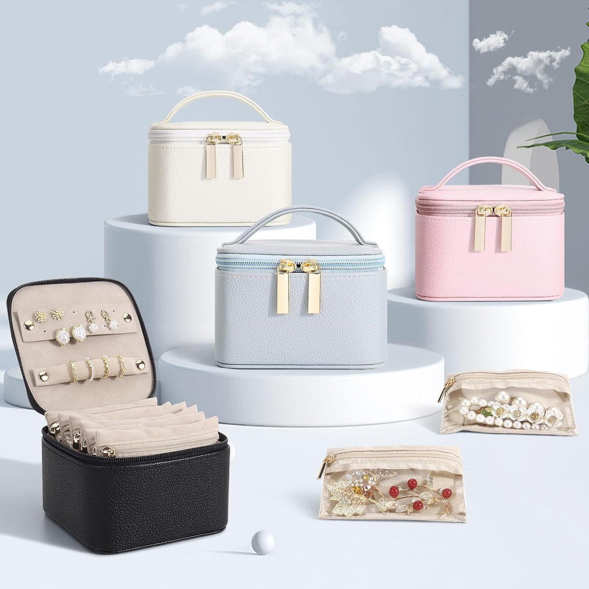 Small Jewelry Box, Travel Small Jewelry Organizer with Earring Tray and Ring Holder,Square Travel Jewelry Storage Case with 6 Velvet Jewelry Pouches, Pink