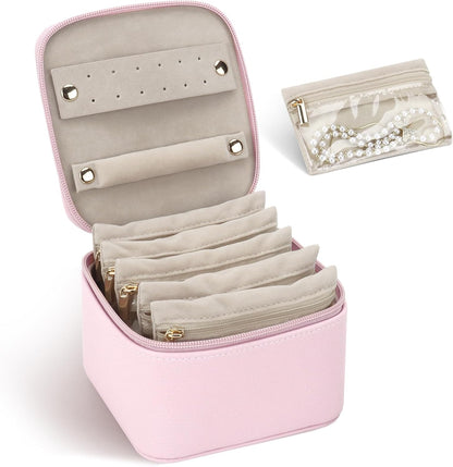 Small Jewelry Box, Travel Small Jewelry Organizer with Earring Tray and Ring Holder,Square Travel Jewelry Storage Case with 6 Velvet Jewelry Pouches, Pink