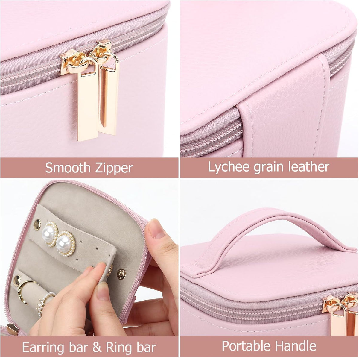 Small Jewelry Box, Travel Small Jewelry Organizer with Earring Tray and Ring Holder,Square Travel Jewelry Storage Case with 6 Velvet Jewelry Pouches, Pink