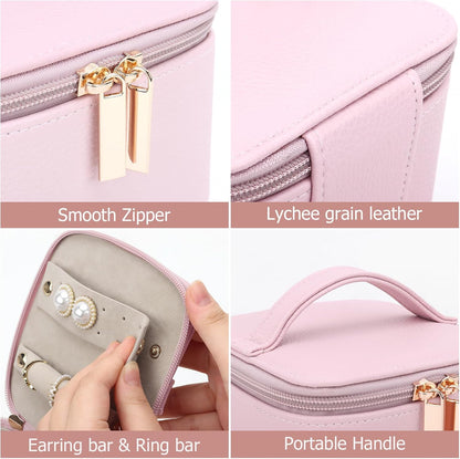 Small Jewelry Box, Travel Small Jewelry Organizer with Earring Tray and Ring Holder,Square Travel Jewelry Storage Case with 6 Velvet Jewelry Pouches, Pink