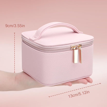 Small Jewelry Box, Travel Small Jewelry Organizer with Earring Tray and Ring Holder,Square Travel Jewelry Storage Case with 6 Velvet Jewelry Pouches, Pink