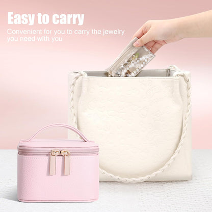 Small Jewelry Box, Travel Small Jewelry Organizer with Earring Tray and Ring Holder,Square Travel Jewelry Storage Case with 6 Velvet Jewelry Pouches, Pink