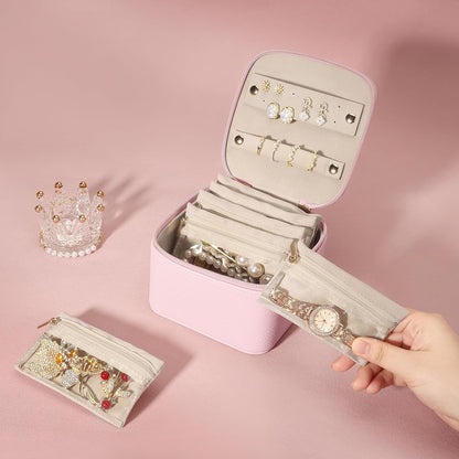 Small Jewelry Box, Travel Small Jewelry Organizer with Earring Tray and Ring Holder,Square Travel Jewelry Storage Case with 6 Velvet Jewelry Pouches, Pink