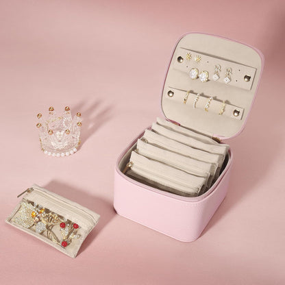 Small Jewelry Box, Travel Small Jewelry Organizer with Earring Tray and Ring Holder,Square Travel Jewelry Storage Case with 6 Velvet Jewelry Pouches, Pink